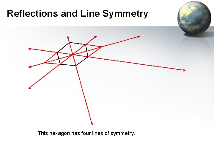 Reflections and Line Symmetry This hexagon has four lines of symmetry. 