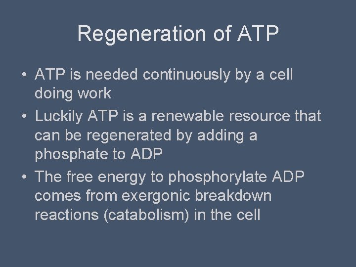 Regeneration of ATP • ATP is needed continuously by a cell doing work •