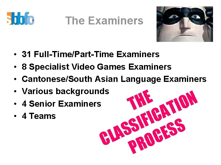 The Examiners • • • 31 Full-Time/Part-Time Examiners 8 Specialist Video Games Examiners Cantonese/South