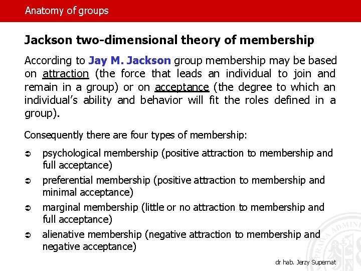 Anatomy of groups Jackson two-dimensional theory of membership According to Jay M. Jackson group