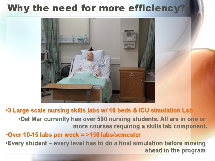 Why the need for more efficiency? • 3 Large scale nursing skills labs w/