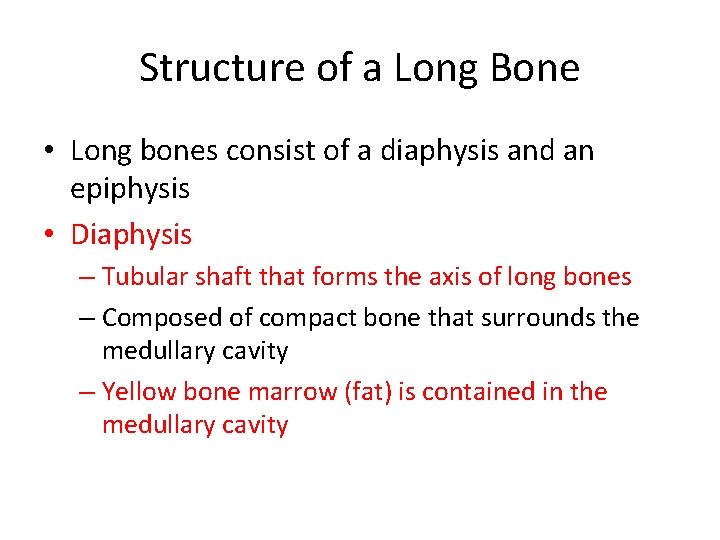 Structure of a Long Bone • Long bones consist of a diaphysis and an