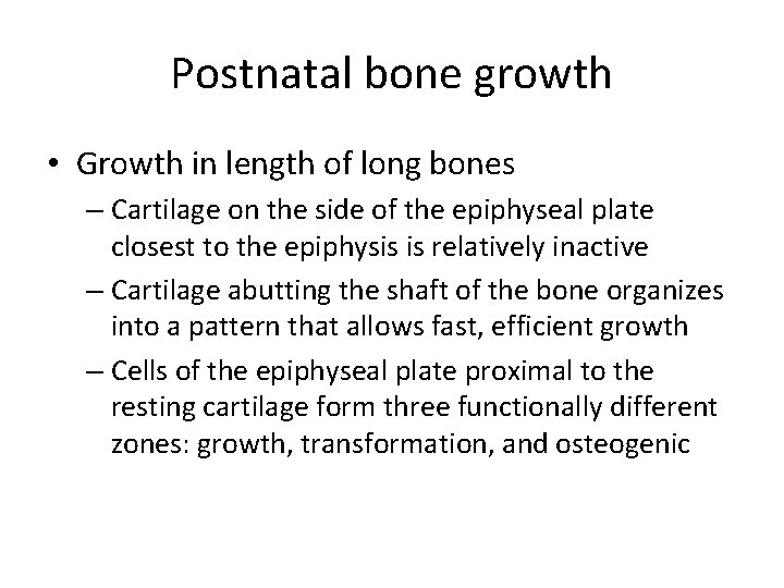 Postnatal bone growth • Growth in length of long bones – Cartilage on the