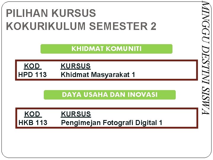 KHIDMAT KOMUNITI KOD HPD 113 KURSUS Khidmat Masyarakat 1 DAYA USAHA DAN INOVASI KOD