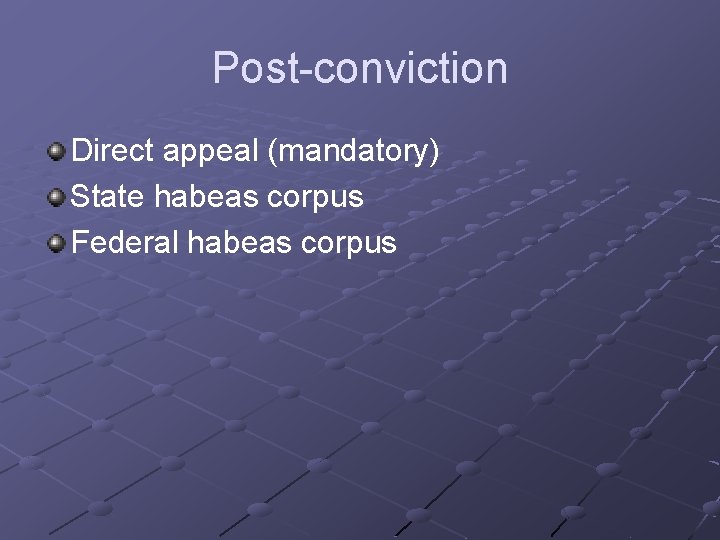 Post-conviction Direct appeal (mandatory) State habeas corpus Federal habeas corpus 