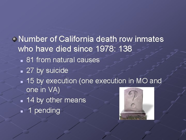 Number of California death row inmates who have died since 1978: 138 n n