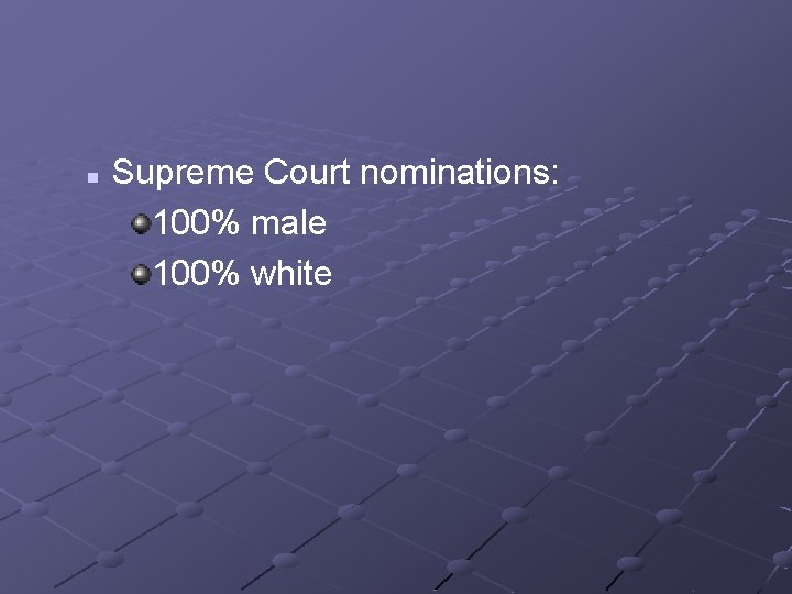 n Supreme Court nominations: 100% male 100% white 