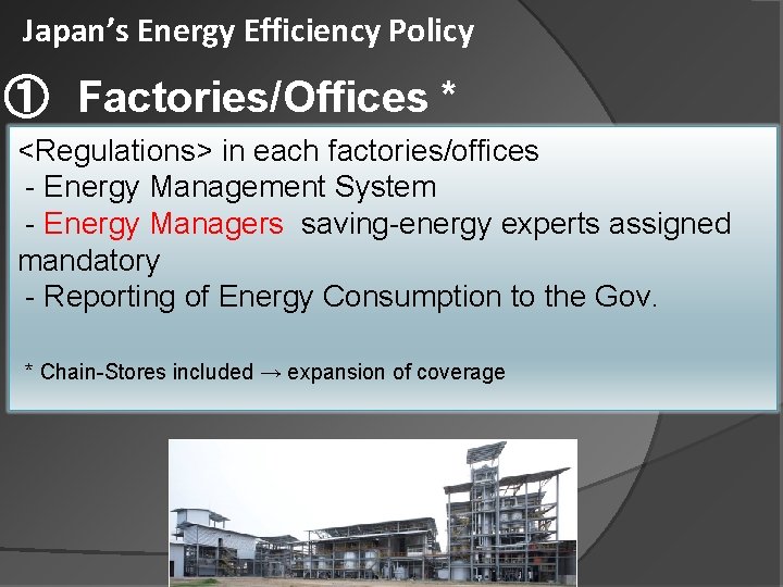 Japan’s Energy Efficiency Policy ①　Factories/Offices * <Regulations> in each factories/offices - Energy Management System