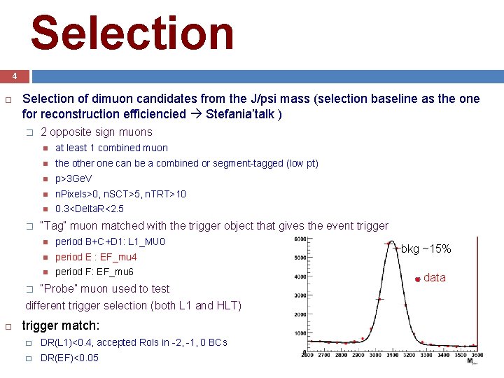 Selection 4 Selection of dimuon candidates from the J/psi mass (selection baseline as the