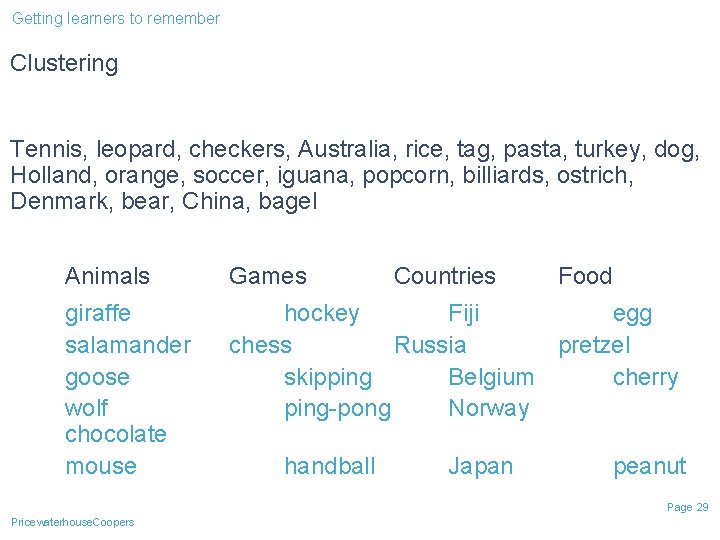 Getting learners to remember Clustering Tennis, leopard, checkers, Australia, rice, tag, pasta, turkey, dog, Getting learners to remember Clustering Tennis, leopard, checkers, Australia, rice, tag, pasta, turkey, dog,