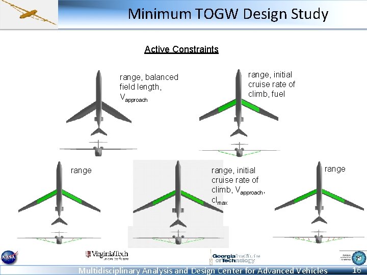 Minimum TOGW Design Study Active Constraints range, balanced field length, Vapproach range, initial cruise