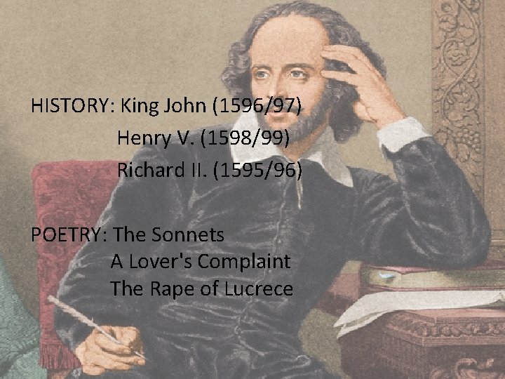 HISTORY: King John (1596/97) Henry V. (1598/99) Richard II. (1595/96) POETRY: The Sonnets A