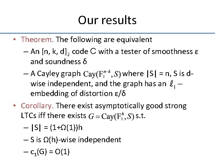 Our results • Theorem. The following are equivalent – An [n, k, d]2 code