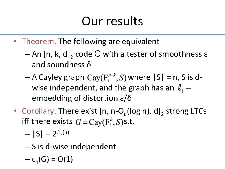 Our results • Theorem. The following are equivalent – An [n, k, d]2 code