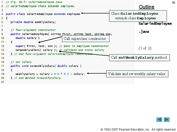 Outline 86 Class Salaried. Employee extends class Employee Salaried. Employee. java Call superclass constructor