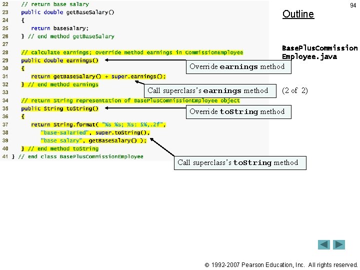 Outline 94 Base. Plus. Commission Employee. java Override earnings method Call superclass’s earnings method