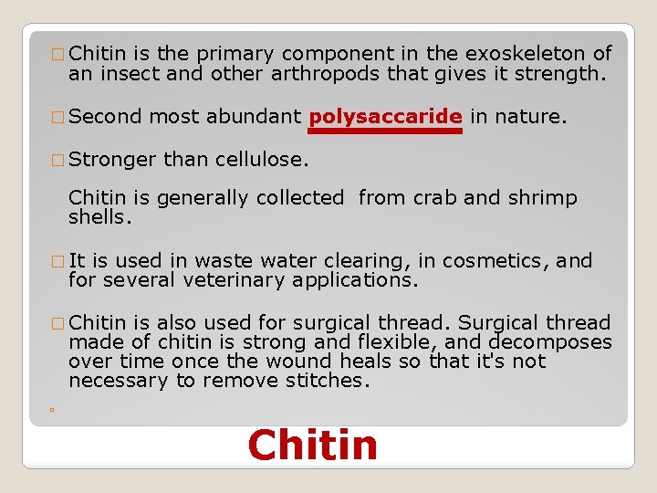 � Chitin is the primary component in the exoskeleton of an insect and other