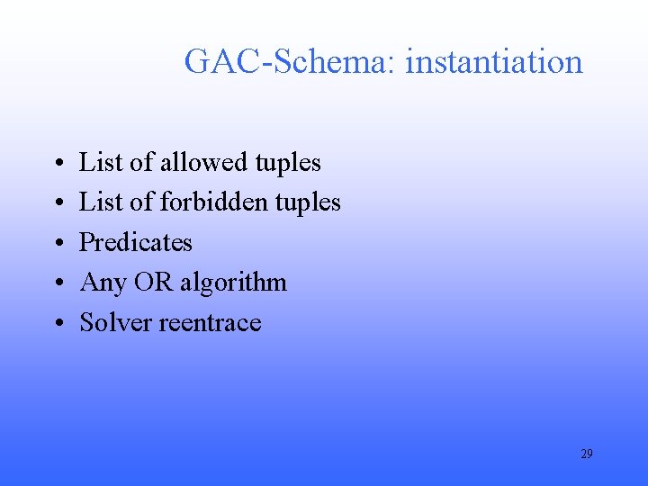 GAC-Schema: instantiation • • • List of allowed tuples List of forbidden tuples Predicates