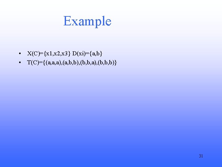 Example • X(C)={x 1, x 2, x 3} D(xi)={a, b} • T(C)={(a, a, a),