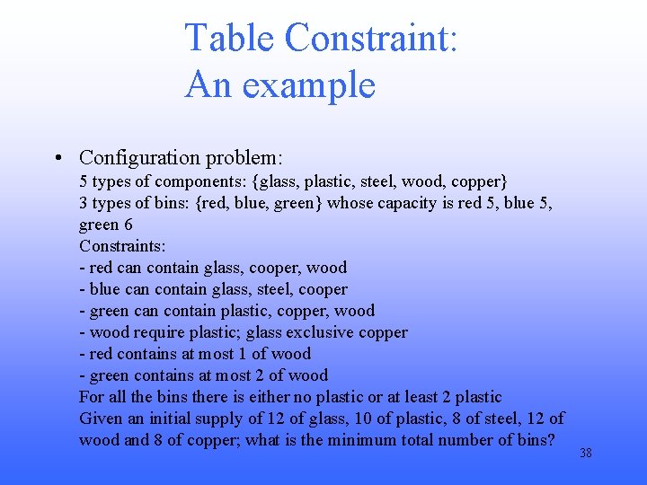 Table Constraint: An example • Configuration problem: 5 types of components: {glass, plastic, steel,