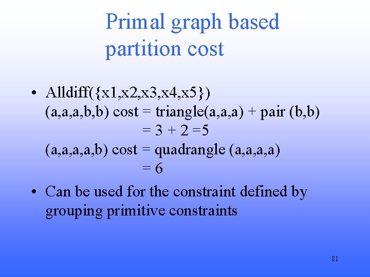 Primal graph based partition cost • Alldiff({x 1, x 2, x 3, x 4,