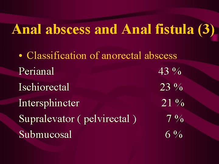 Anal abscess and Anal fistula (3) • Classification of anorectal abscess Perianal 43 %
