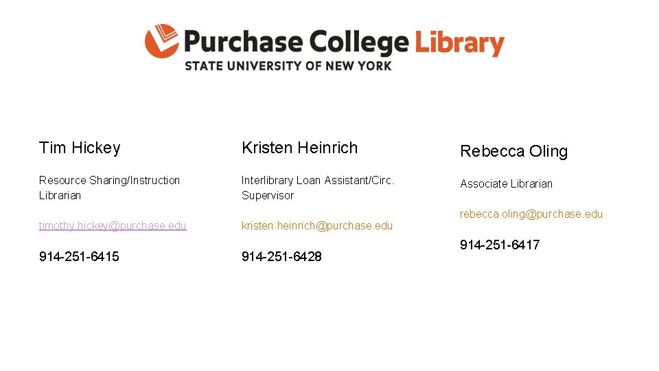 Tim Hickey Kristen Heinrich Rebecca Oling Resource Sharing/Instruction Librarian Interlibrary Loan Assistant/Circ. Supervisor Associate