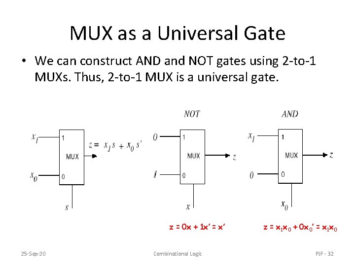 MUX as a Universal Gate • We can construct AND and NOT gates using