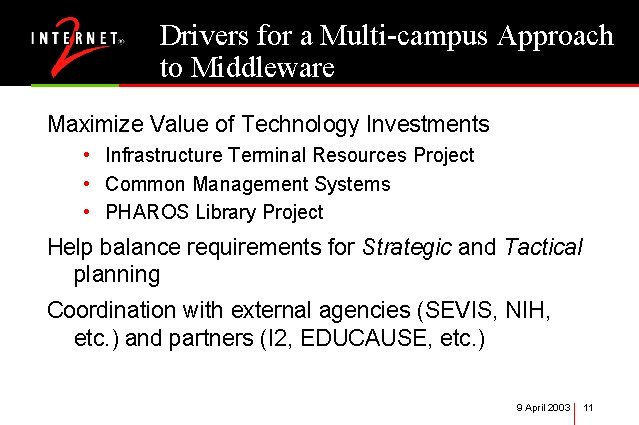 Drivers for a Multi-campus Approach to Middleware Maximize Value of Technology Investments • Infrastructure