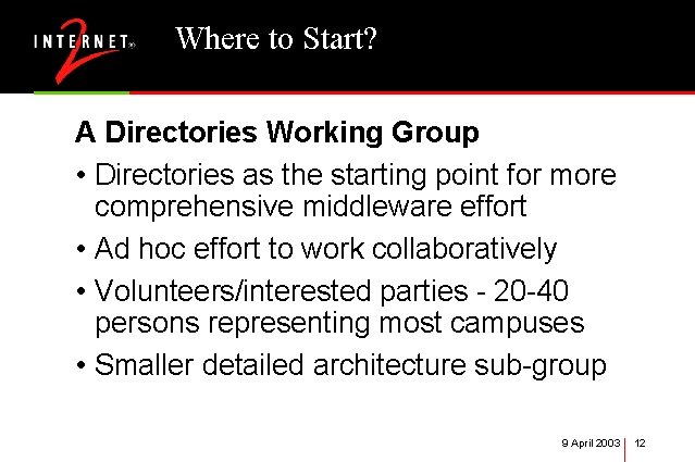 Where to Start? A Directories Working Group • Directories as the starting point for