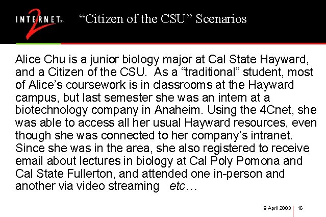 “Citizen of the CSU” Scenarios Alice Chu is a junior biology major at Cal