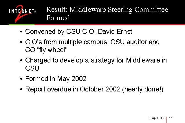 Result: Middleware Steering Committee Formed • Convened by CSU CIO, David Ernst • CIO’s