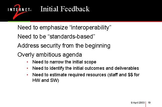 Initial Feedback Need to emphasize “interoperability” Need to be “standards-based” Address security from the