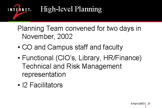 High-level Planning Team convened for two days in November, 2002 • CO and Campus