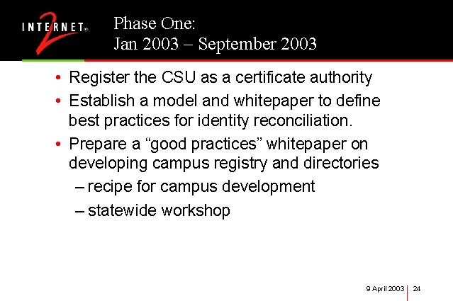 Phase One: Jan 2003 – September 2003 • Register the CSU as a certificate