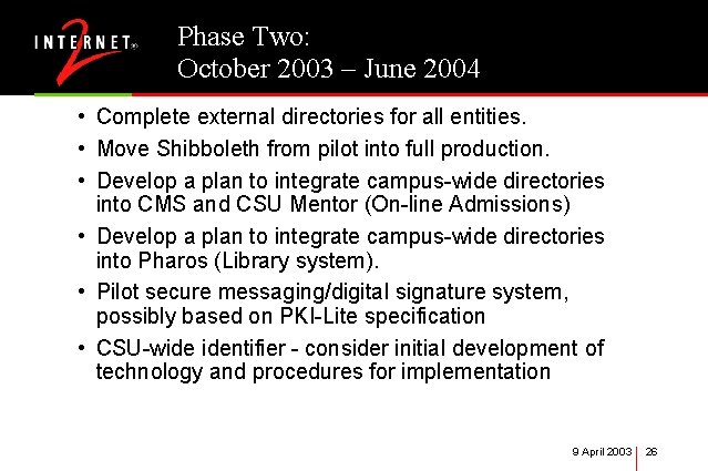 Phase Two: October 2003 – June 2004 • Complete external directories for all entities.