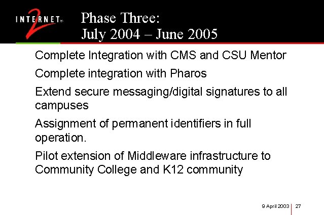 Phase Three: July 2004 – June 2005 Complete Integration with CMS and CSU Mentor