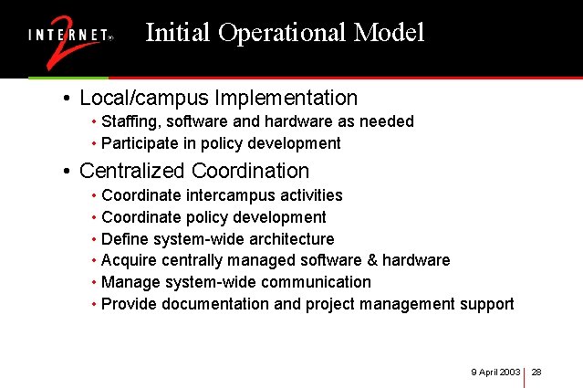 Initial Operational Model • Local/campus Implementation • Staffing, software and hardware as needed •
