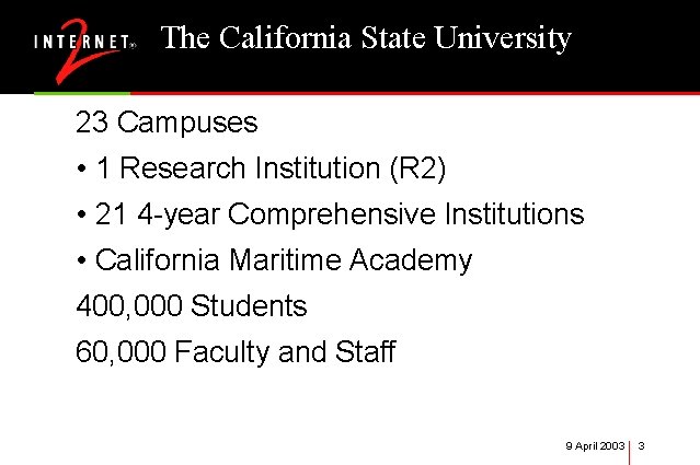 The California State University 23 Campuses • 1 Research Institution (R 2) • 21