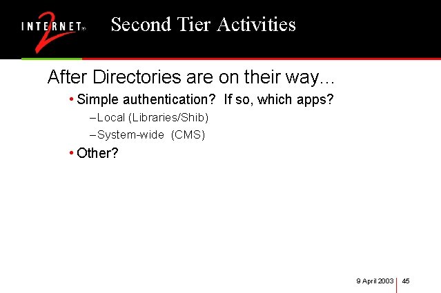 Second Tier Activities After Directories are on their way… • Simple authentication? If so,
