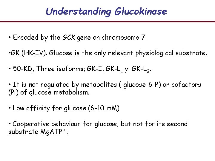 Understanding Glucokinase • Encoded by the GCK gene on chromosome 7. • GK (HK-IV).