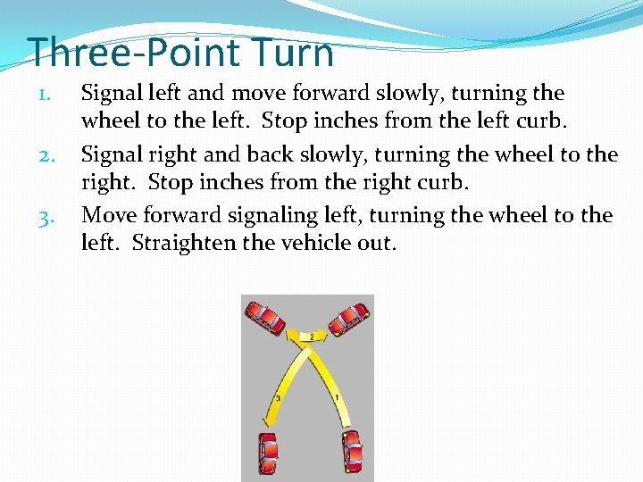 Three-Point Turn 1. 2. 3. Signal left and move forward slowly, turning the wheel