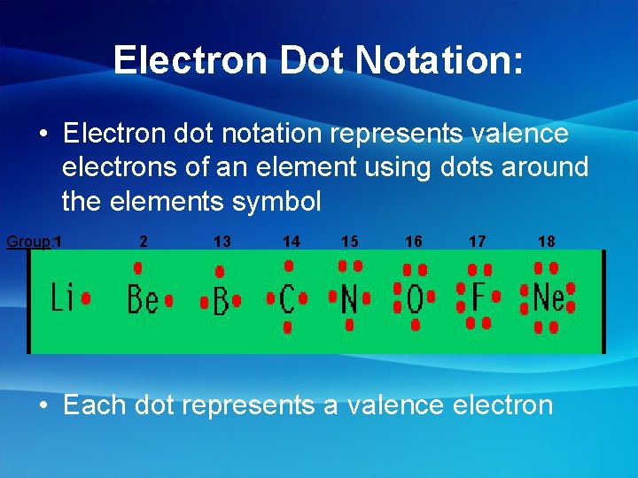 Electron Dot Notation: • Electron dot notation represents valence electrons of an element using