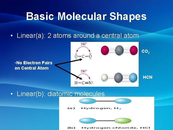 Basic Molecular Shapes • Linear(a): 2 atoms around a central atom CO 2 •