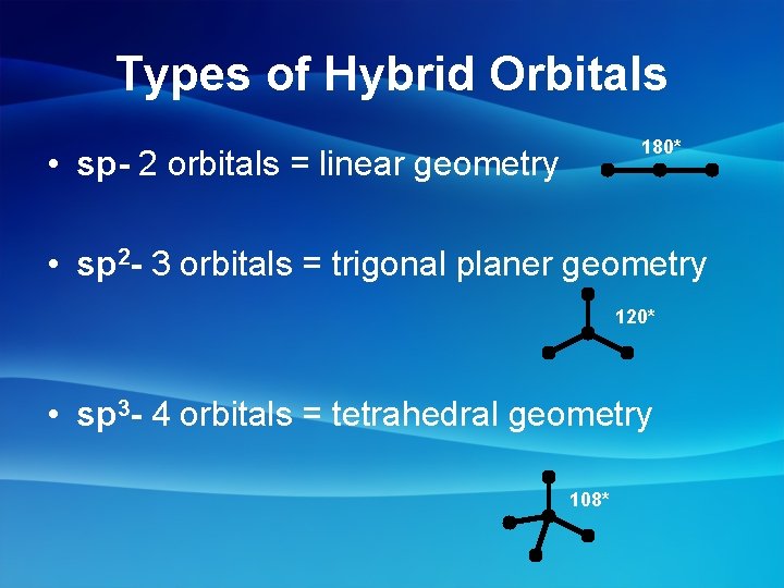 Types of Hybrid Orbitals 180* • sp- 2 orbitals = linear geometry • sp