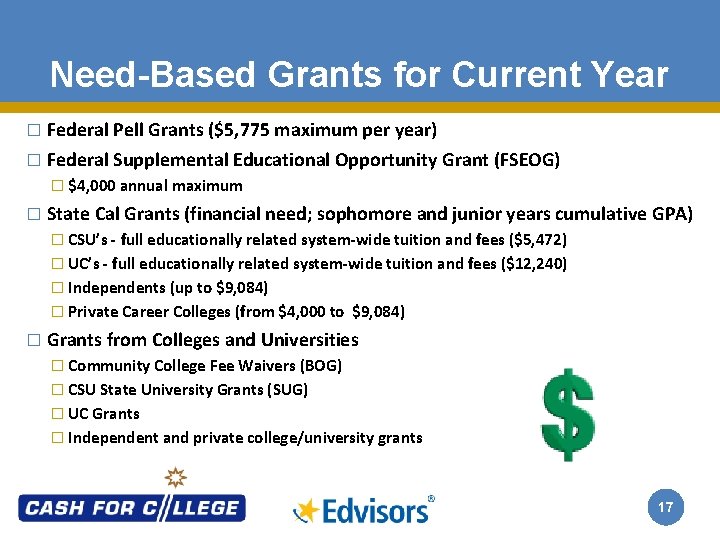 Need-Based Grants for Current Year � Federal Pell Grants ($5, 775 maximum per year)