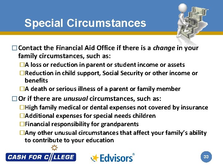 Special Circumstances � Contact the Financial Aid Office if there is a change in