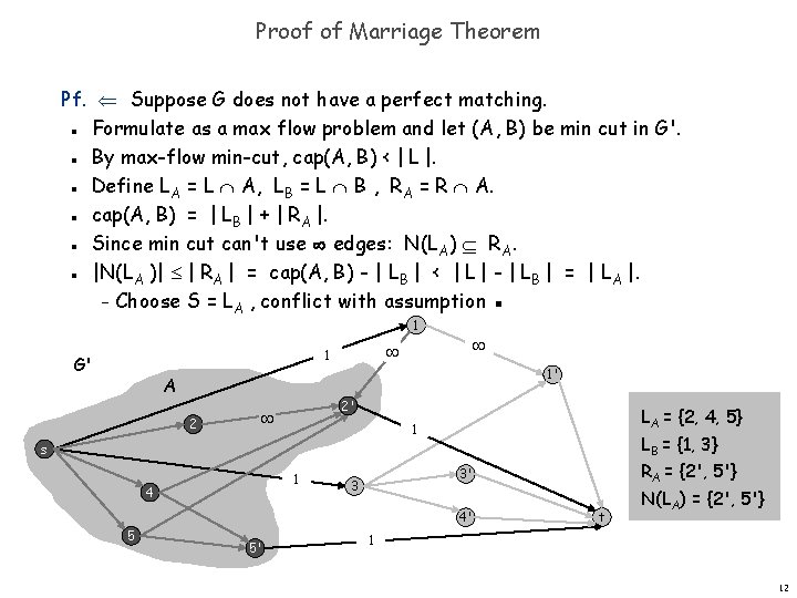 Proof of Marriage Theorem Pf. Suppose G does not have a perfect matching. Formulate Proof of Marriage Theorem Pf. Suppose G does not have a perfect matching. Formulate