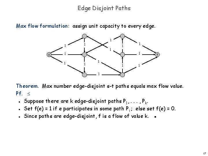 Edge Disjoint Paths Max flow formulation: assign unit capacity to every edge. 1 s