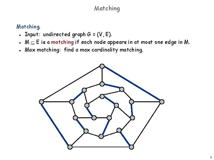 Matching. Input: undirected graph G = (V, E). M E is a matching if